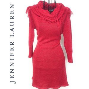 Jennifer Lauren Women Large Fringe Cowl Neck Knitted Red Sweater Dress